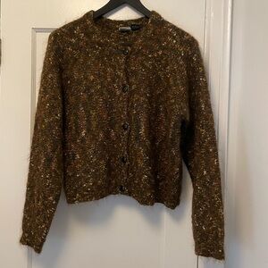 Wool-Blend Speckled Brown Button-Front Cardigan Sweater
